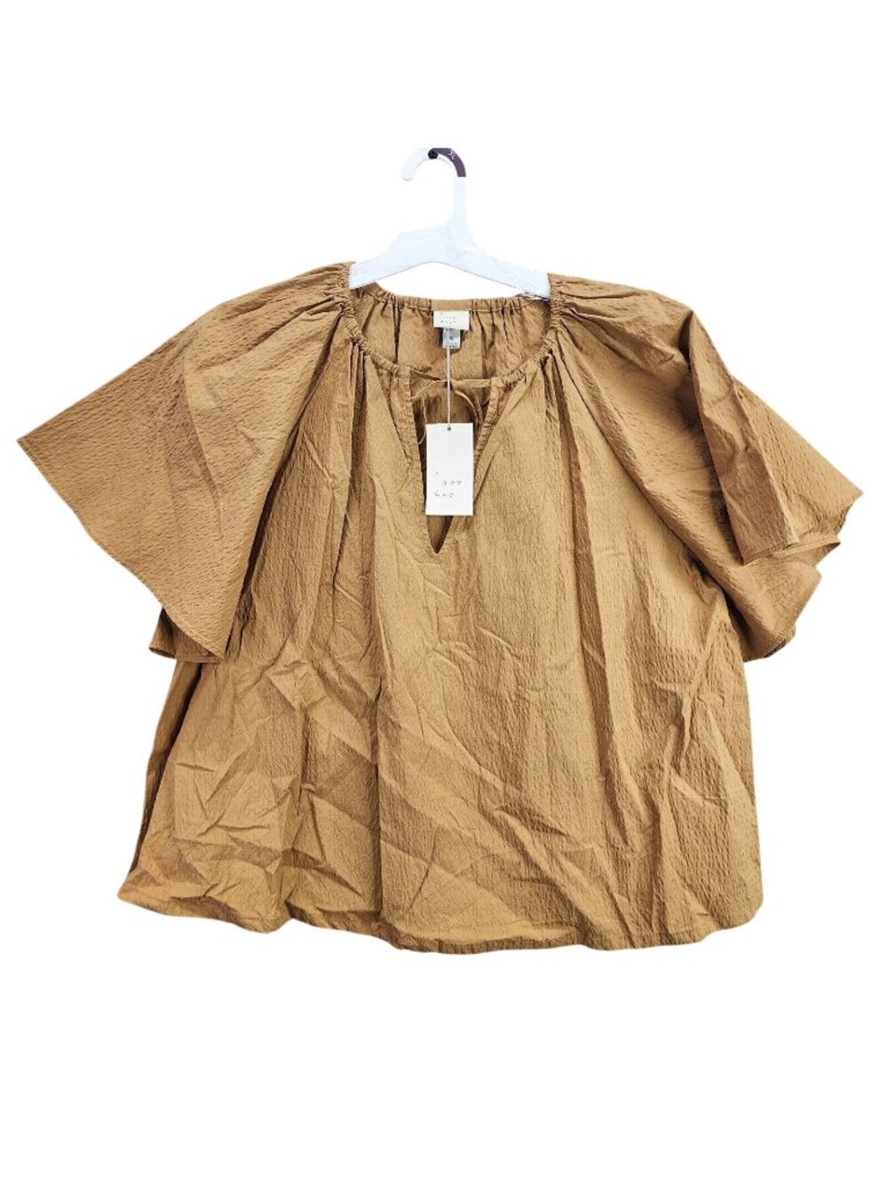 Womens A New Day Brown V-Neck Popover Crinkle Top Flounce Sleeve Size XL